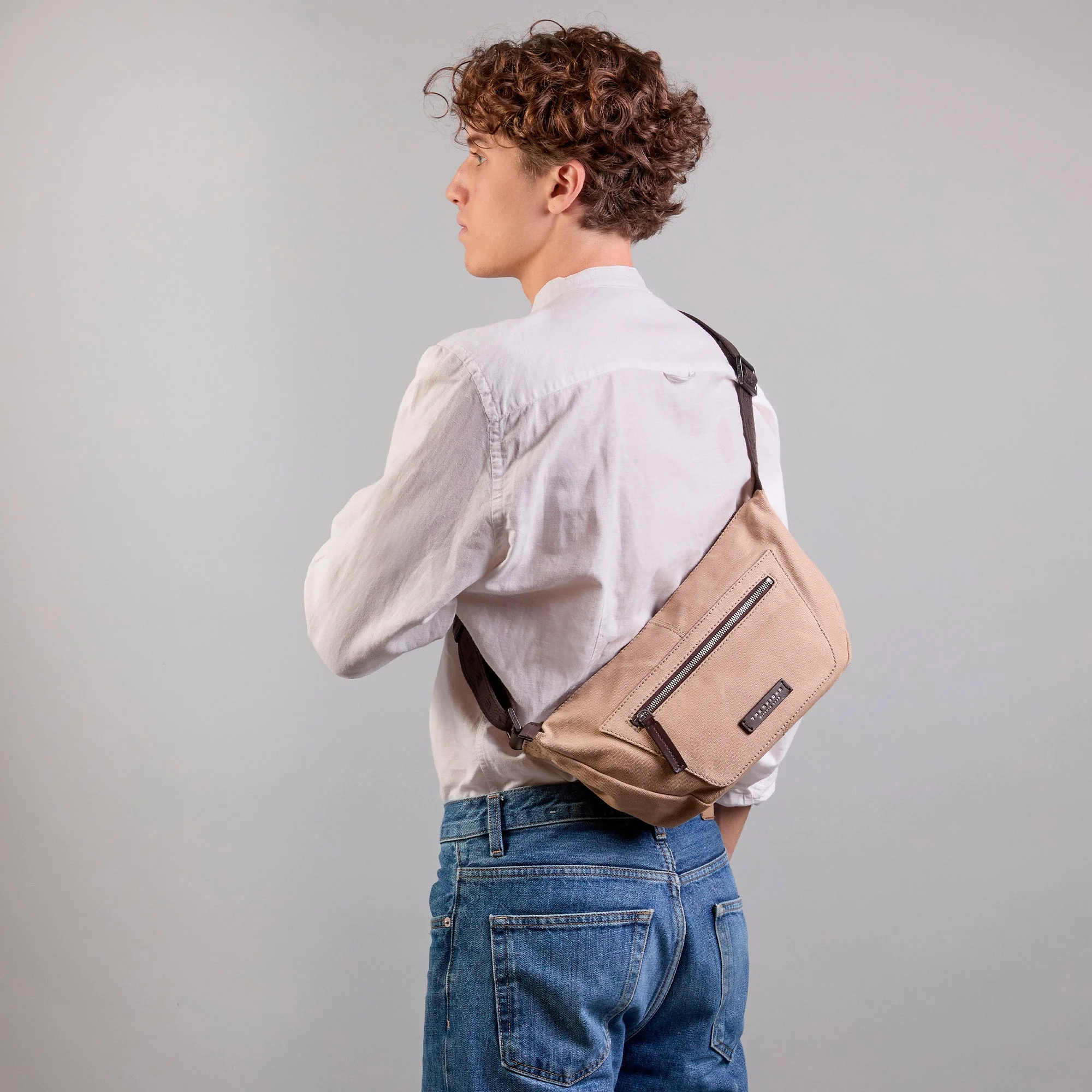 Men’s leather and fabric belt bag with front zip - Image 6